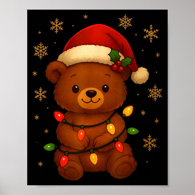 Poster Cute Teddy Bear Christmas Tree Lights Santa Hat Fu (Frente)