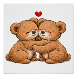 Pôster Cute Teddy Bear Couple in Love – Embroidered Style