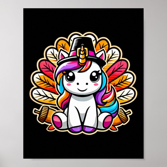 Poster Cute Thanksgiving Unicorn Pilgrim Hat Turkey Girls (Frente)