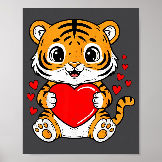 Poster Cute Tiger Holding Heart Kawaii Valentines Day Men (Frente)