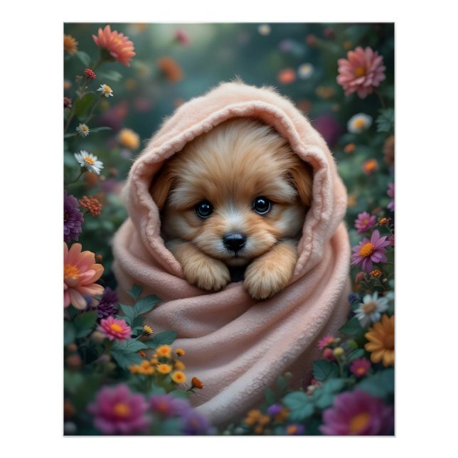 Pôster Cute, tiny, fluffy puppy surrounded by flowers (Frente)