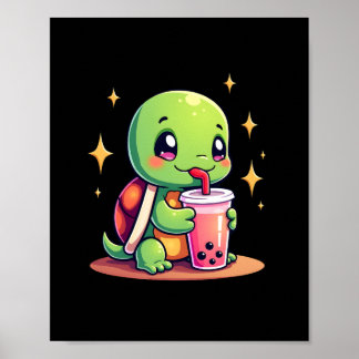 Poster Cute turtle drinking boba. Funny Boba Turtles Love