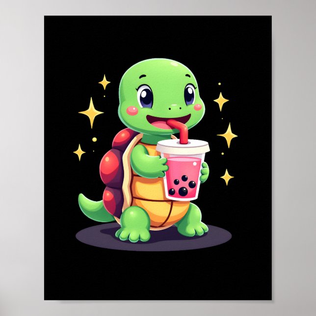 Poster Cute turtle drinking boba. Funny Boba Turtles Love (Frente)