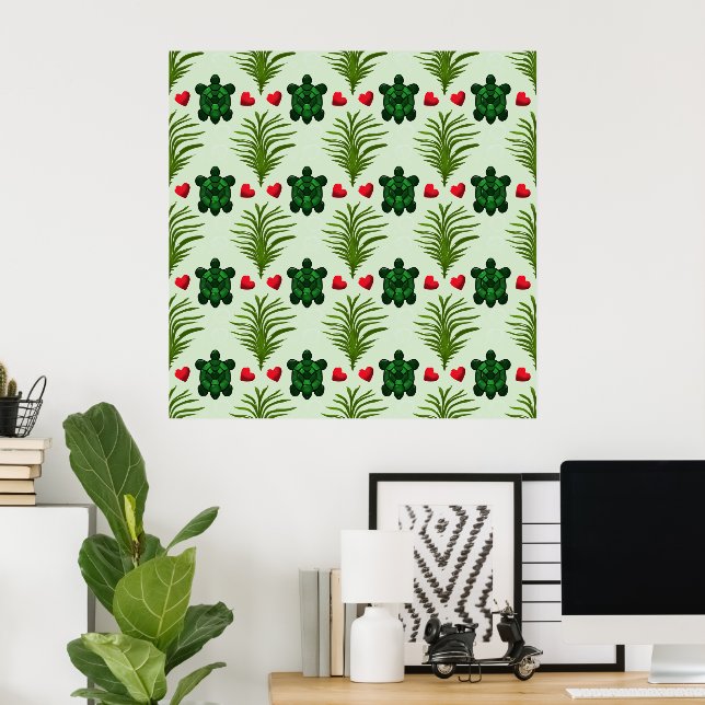 Poster Cute Turtle Pattern Aesthetic | Tropical Leaves Bu (Escritório em casa)
