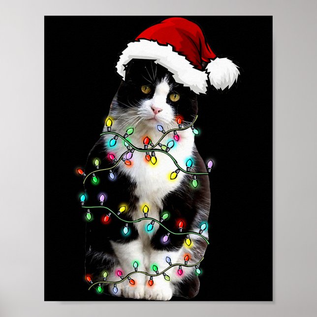 Poster Cute Tuxedo Black Cat Christmas Light Cat Christma (Frente)