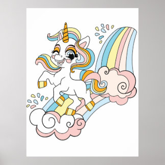 Poster Cute unicorn on a rainbow