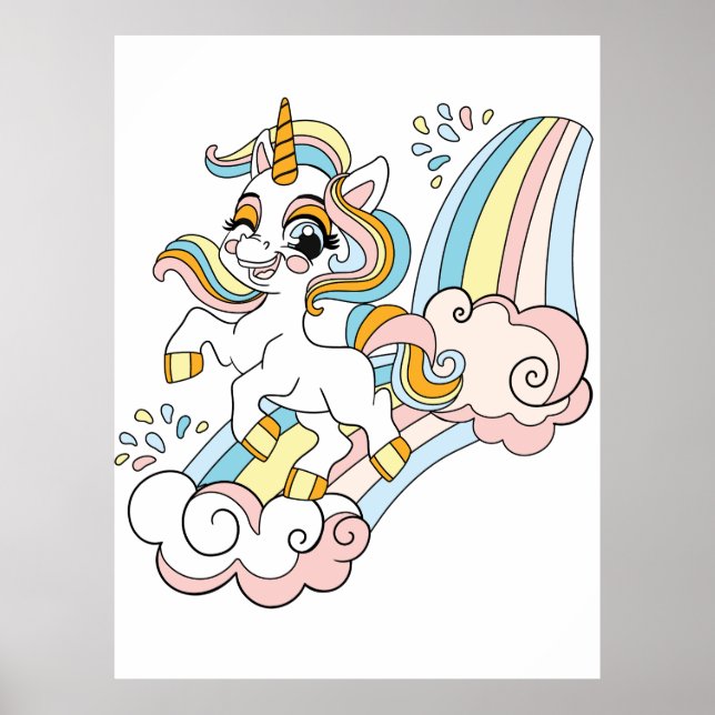 Poster Cute unicorn on a rainbow (Frente)