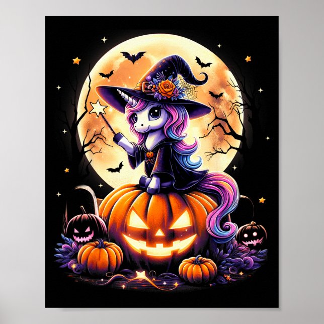 Poster Cute Unicorn Witch Pumpkin Halloween Shirts Girls  (Frente)