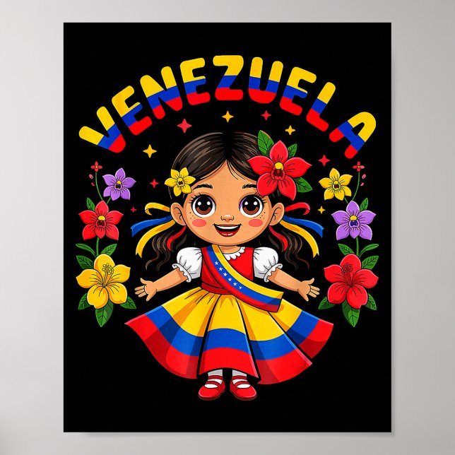 Poster Cute Venezuela Girl Kids Traditional Dress Colorfu (Frente)