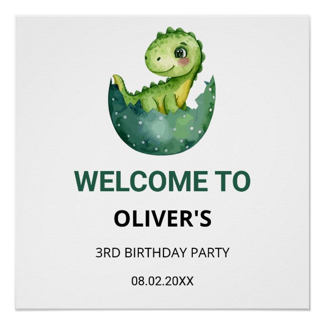 Pôster Cute Watercol Dinosaur Kids Birthday Party Welcome (Frente)