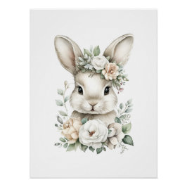 Pôster Cute Watercolor Baby Animals with Flowers