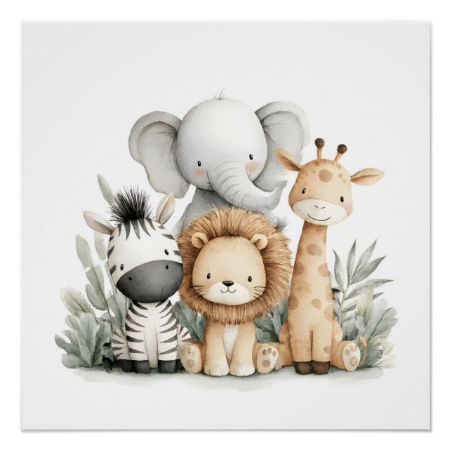 Pôster Cute Watercolor Baby Safari Animals Group Print (Frente)