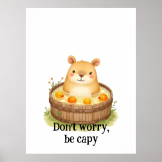 Poster Cute Watercolor Capybara in Hot Tub with Oranges &