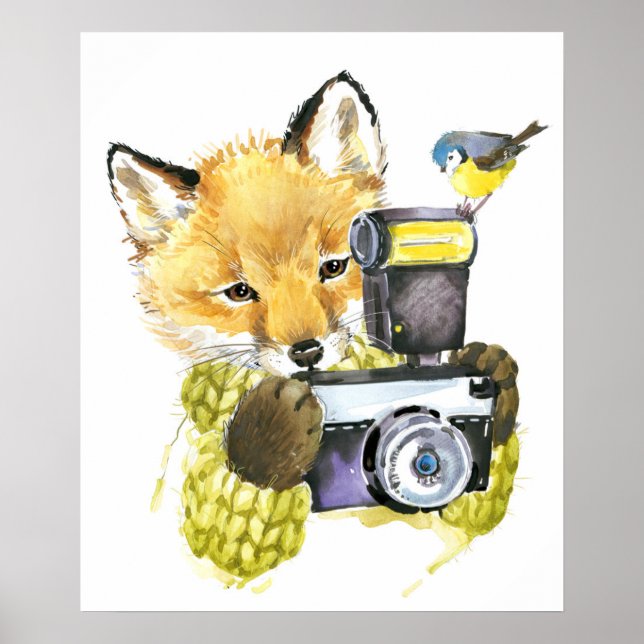 Poster Cute Watercolor Fox Taking Pictures (Frente)
