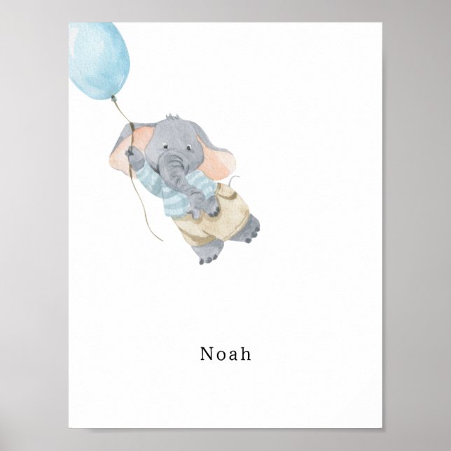 Poster Cute Watercolour Elephant With Balloon Name (Frente)