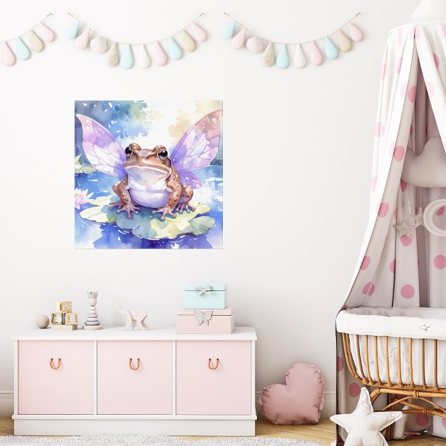 Poster Cute Watercolour Fairy Frog | Girls Nursery Art (fairy frog nursery art. girls bedroom wall decor. cottagecore baby room. fairycore kids decor)