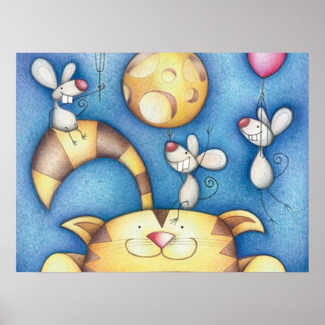 Poster Cute Whimsical Cat and Mouse Moon Art (Frente)
