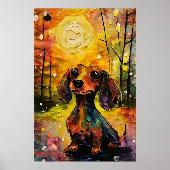 Poster Cute Whimsical Dachshund Puppy na Floresta (Frente)