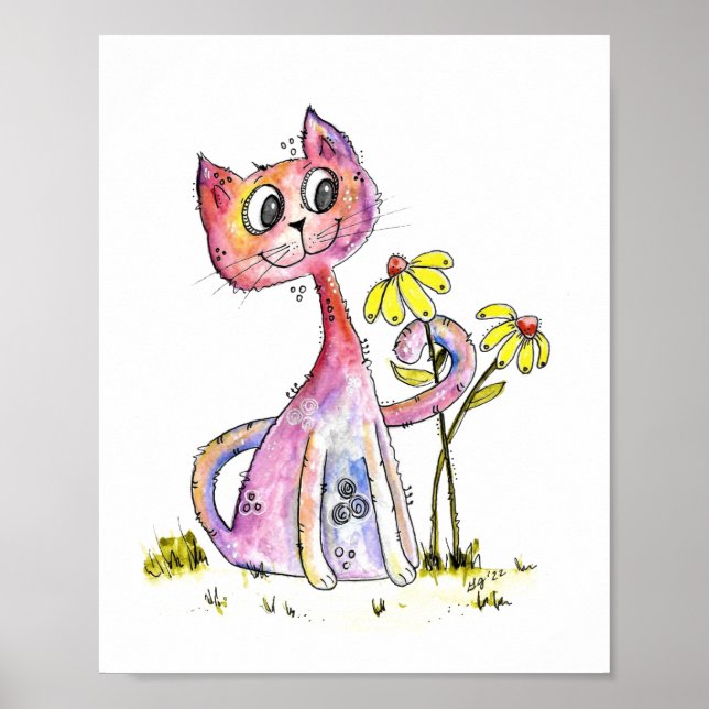 Poster Cute Whimsical Pink Cat with Yellow Flowers (Frente)