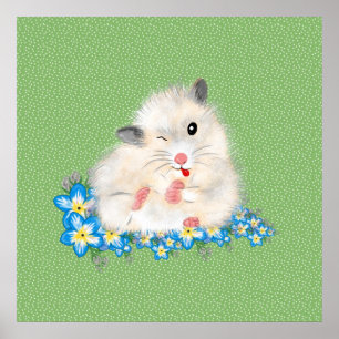 Poster Cute white Syrian hamster accessories, green polka
