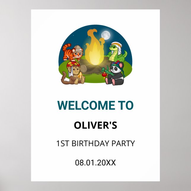 Poster Cute Wild Animals Jungle Camping Birthday Welcome (Frente)
