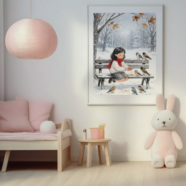 Poster Cute Winter Girl Feeding Birds Nursery Wall Art  (Cozy Winter Wall Art Girl and Birds Nursery Room Decor Print)