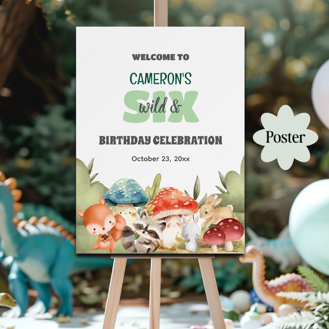 Poster Cute Woodland Animals 6th Birthday Party Welcome (Criador carregado)