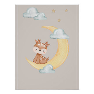 Pôster Cute Woodland Deer Moon Poster for Children