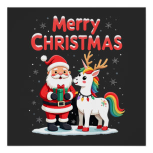 Pôster Cute Xmas Unicórnio Papai Noel em T-Shirt de Natal
