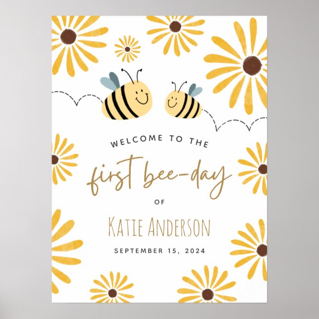 Poster Cute Yellow Bee Sunflower First Bee-day Welcome (Frente)