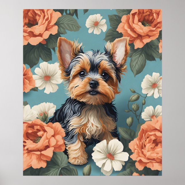Poster Cute Yorkshire Terrier Puppy Floral (Frente)