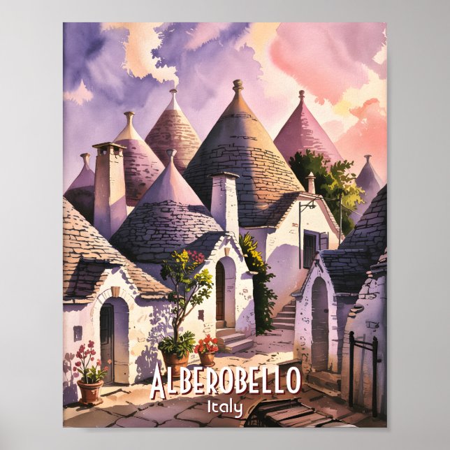 Poster Cutom Alberobello Trulli Houses Italy Watercolor (Frente)
