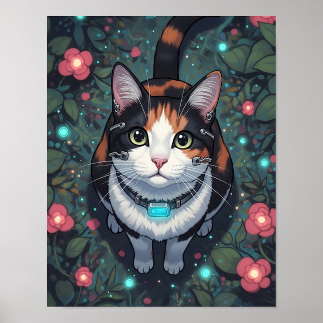Poster Cyber Cat Bloom | Felino Cybernético Floral (Frente)