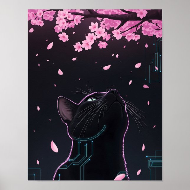 Poster Cyber Cat Blossom | Noir Futurística Feline (Frente)