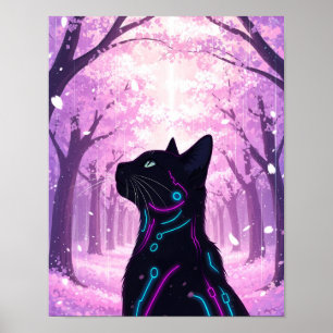 Poster Cyber Cat Midnight Floresta de Flor de Cereja Ro