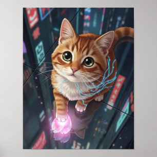 Poster Cyber Cat Neon City   Urban Tabby Feline