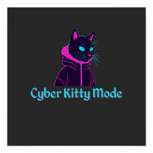 Pôster Cyber Cat Vibes - Neon Glitch Aestic Design