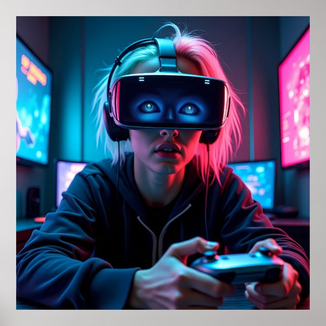 Poster Cyber Gamer futurístico com AR Visor AI (Frente)