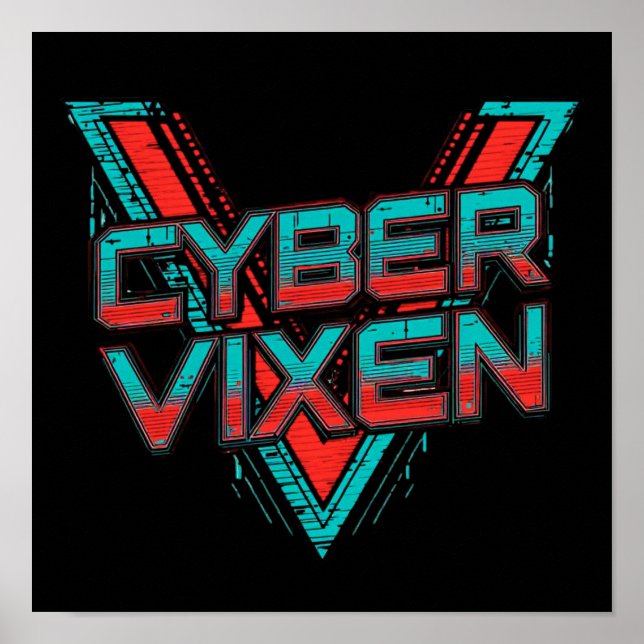 Poster Cyber Vixen - Red Teal Gamer Girl Graphic Gaming (Frente)