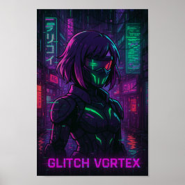 Poster Cyberpunk Anime Girl in Neon Cityscape