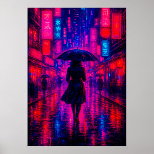 Poster Cyberpunk City Night com Neon Lights e Umbrella