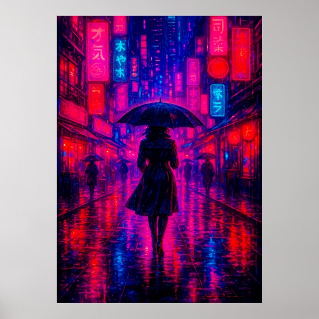 Poster Cyberpunk City Night com Neon Lights e Umbrella (Frente)
