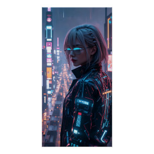 Pôster Cyberpunk Cityscape Poster Futurística Female Hack
