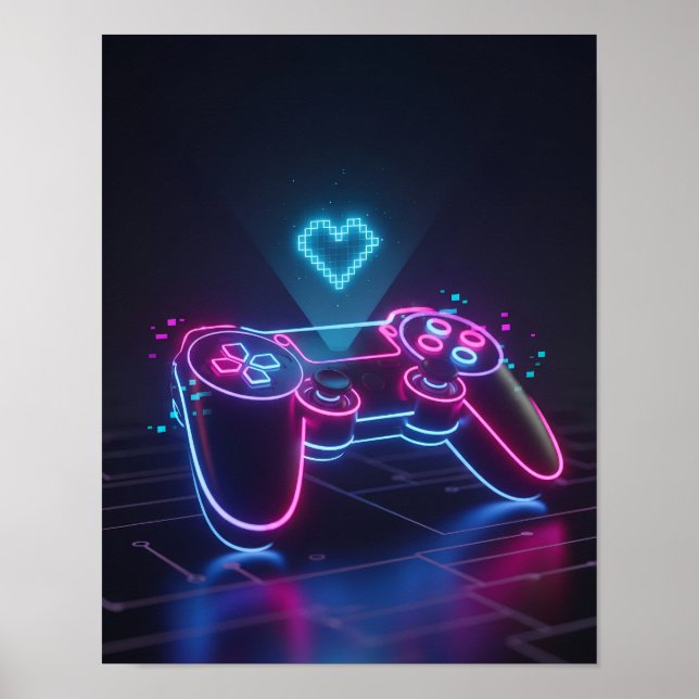 Poster Cyberpunk Gaming Controller – Neon Pixel Heart (Frente)