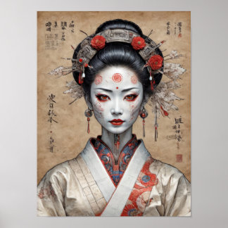 Poster Cyberpunk geisha japonês em pergaminho