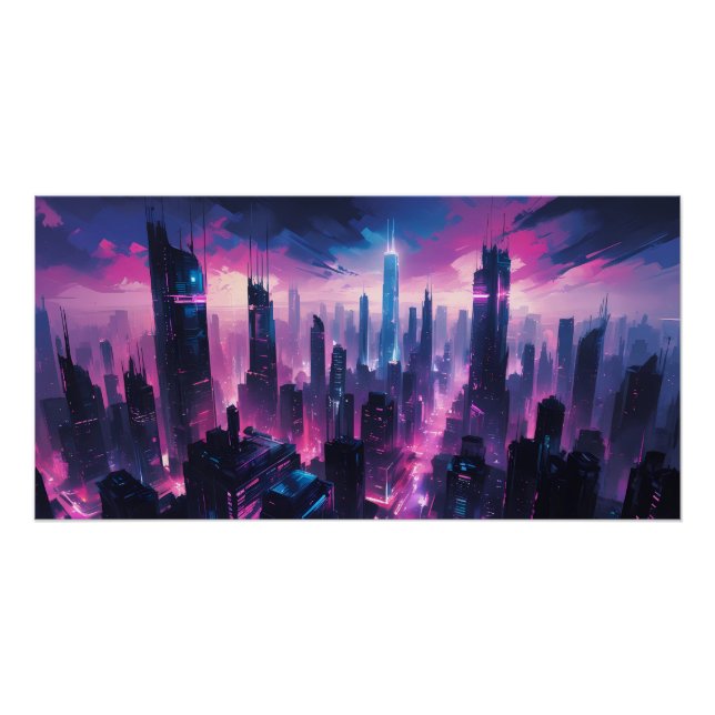 Pôster Cyberpunk Glow Cityscape - Futurística Neon Skylin (Frente)