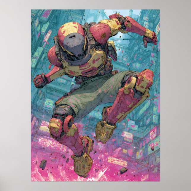 Poster Cyberpunk Mecha Pilot Leap Neon City Action Art (Frente)