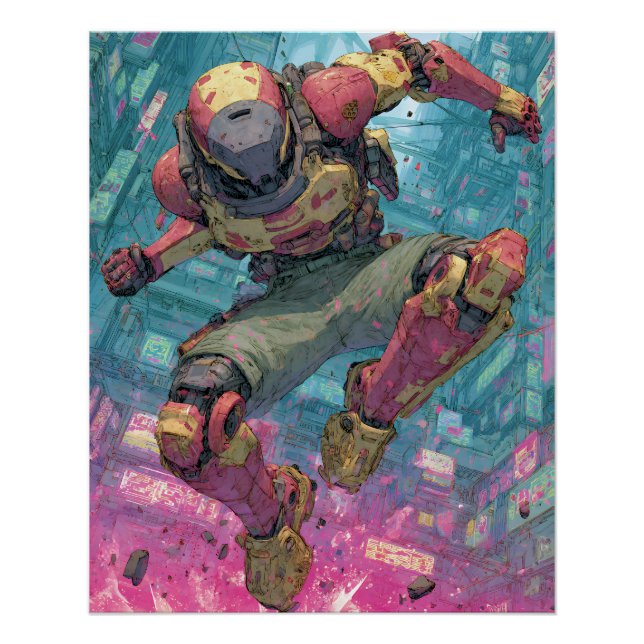Pôster Cyberpunk Mecha Pilot Leap Neon City Action Art (Frente)