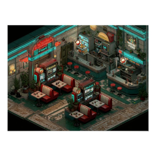 Pôster Cyberpunk Neon Diner Isometric Art (Frente)