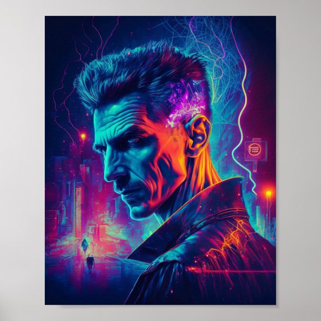 Poster Cyberpunk Nikola Tesla na cidade (Frente)